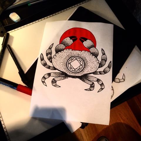 Grey dotwork crab with geometroc circle print on red spot background tattoo design