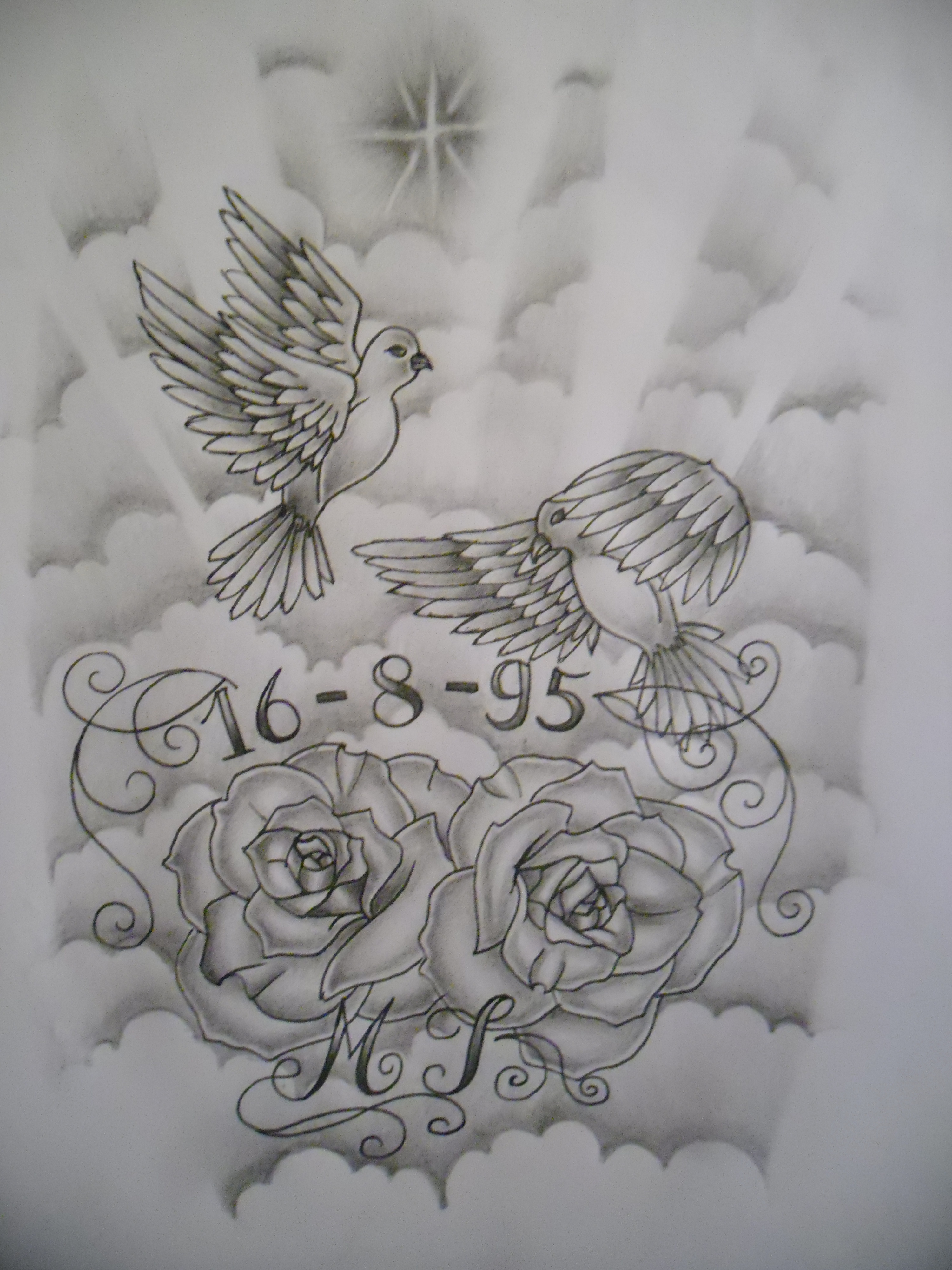 Grey doves with roses and memorial date tattoo design by Tattoo Suzette