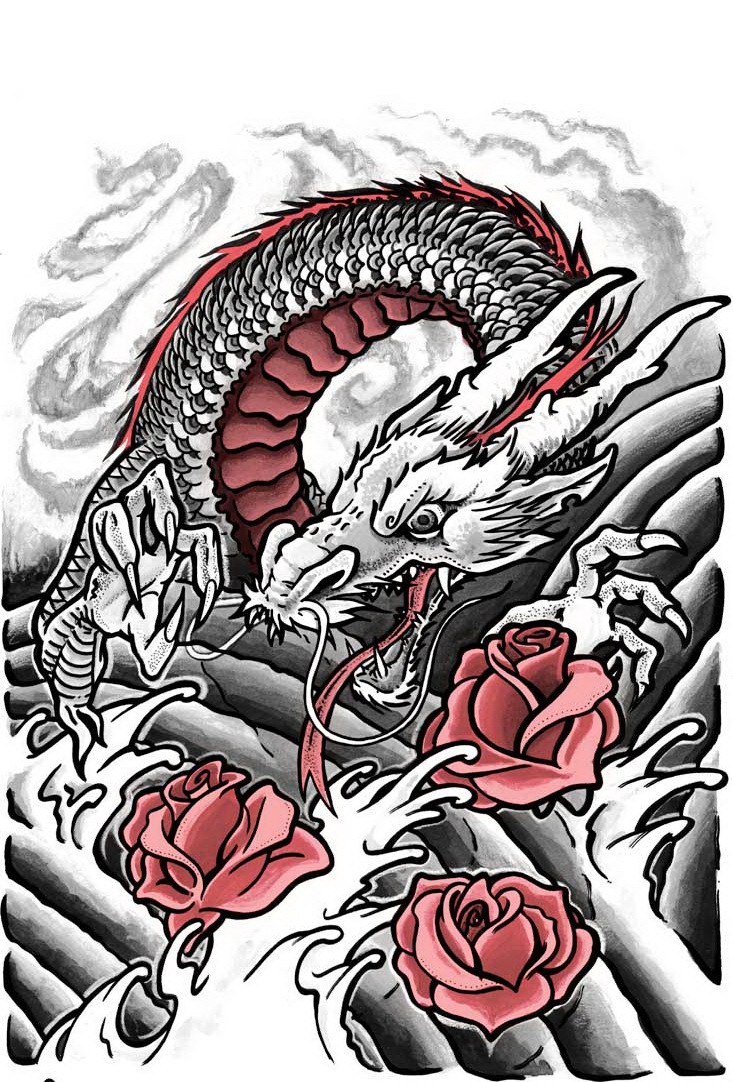 Grey dragon and bright red roses swimming in water tattoo design