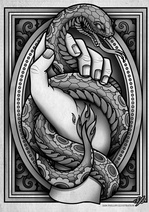 Grey evil reptile curled around human hand tattoo design