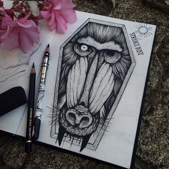 Grey eyeless baboon framed with hearse contour tattoo design