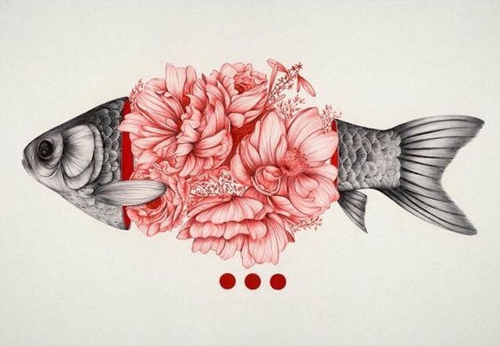 Grey fish with red peony flowers insides tattoo design