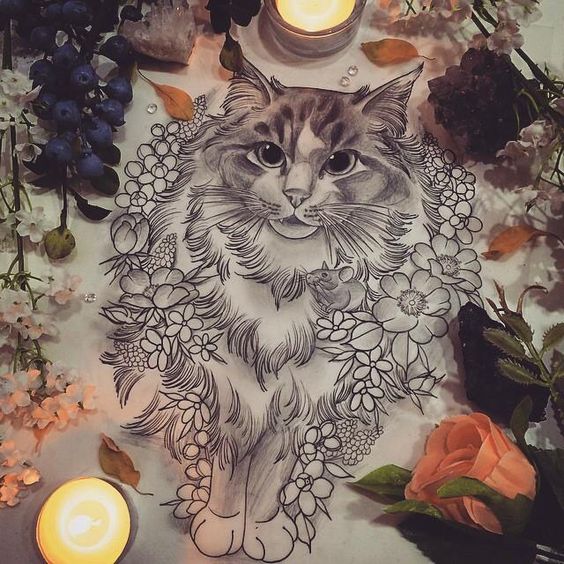 Grey fluffy cat and tiny mouse surrounded with flowers tattoo design