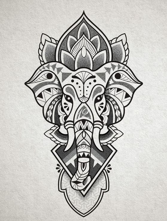Grey geometric elephant head with floral elements tattoo design