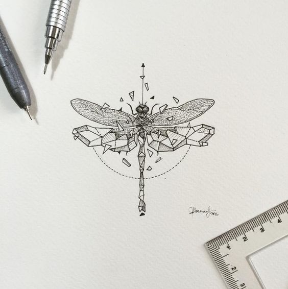 Grey half-geometric dragonfly tattoo design