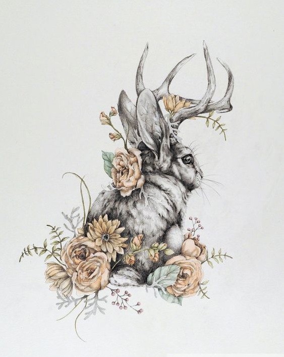 Grey horned rabbit in yellow flowers tattoo design