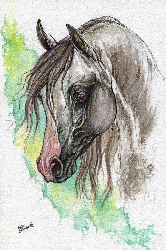 Grey horse on green watercolor background tattoo design