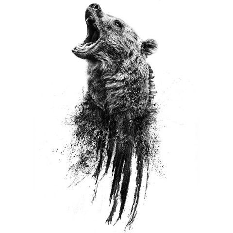 Grey howling bear in black smudges tattoo design