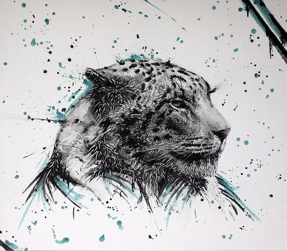 Grey jaguar head with turquoise shadows surrounded with spots tattoo design