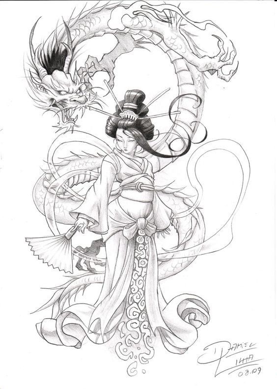 Grey japanese dragon attacking a beautiful geisha tattoo design