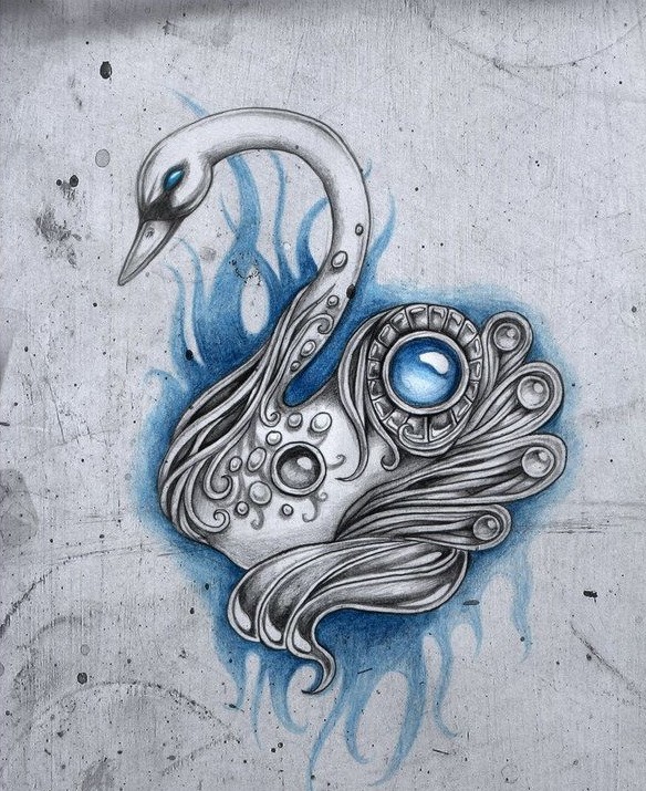 Grey metal swan with blue gem decorations on blue background tattoo design
