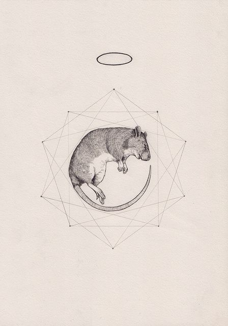 Grey mouse sleeping inside geometric drawing tattoo design