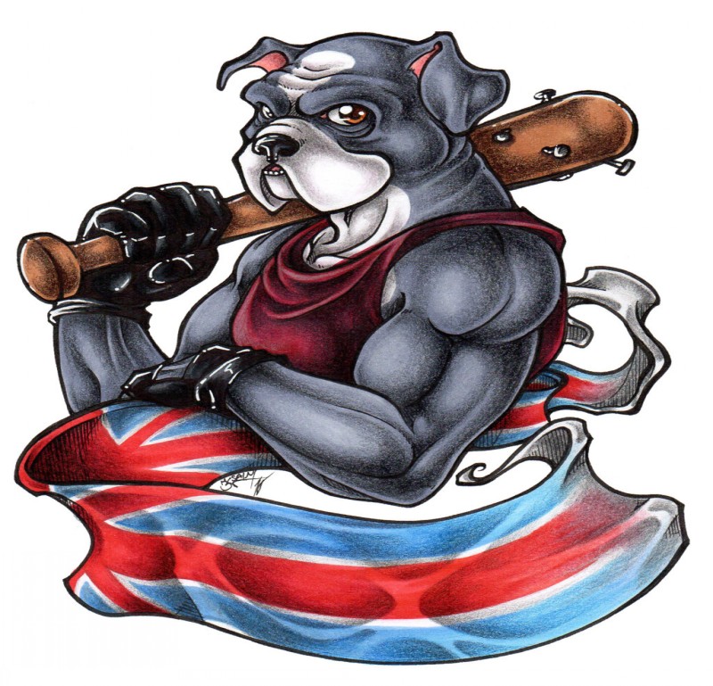 Grey muscular bulldog with willow and english flag tattoo design by Kirasaintclair