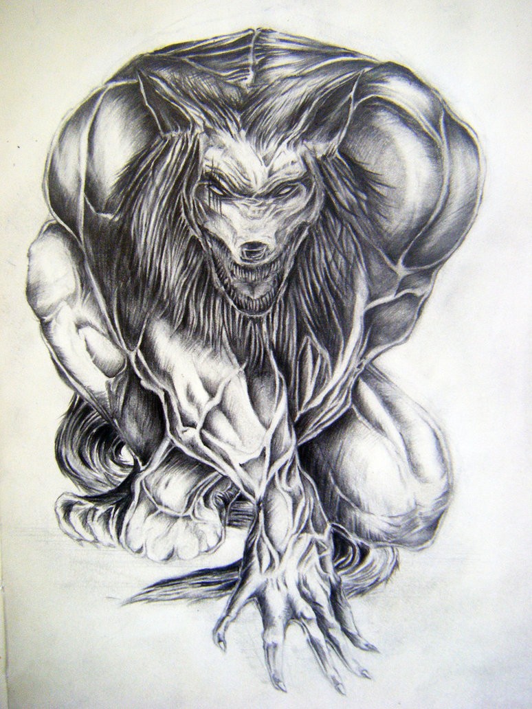 Grey muscular werewolf with swollen veins tattoo design by Synystersca