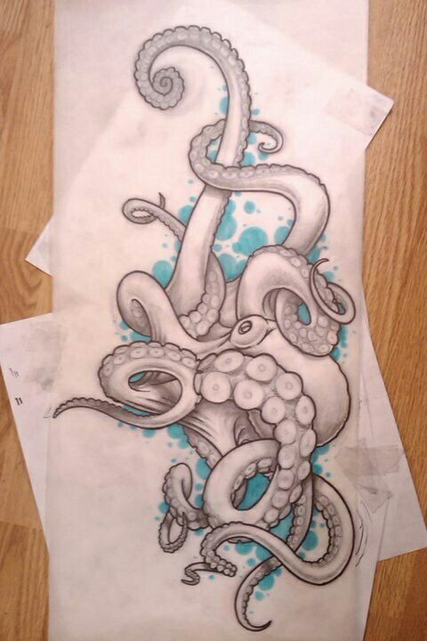 Grey octopus in blue watercolor background tattoo design