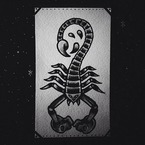 Grey old school scorpion with boxing skull gloves tattoo design