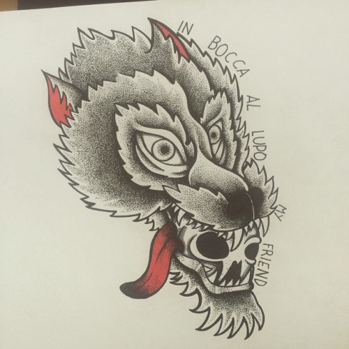 Grey old school wolf with hanging tongue tattoo design