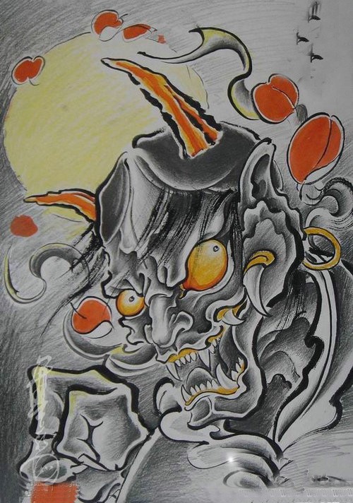 Grey orange-eyed devil and falling petals tattoo design