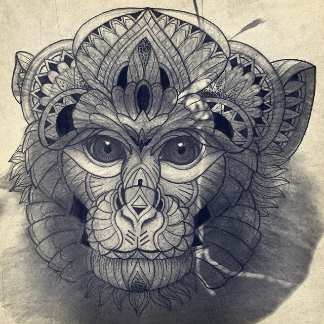 Grey ornate monkey muzzle tattoo design
