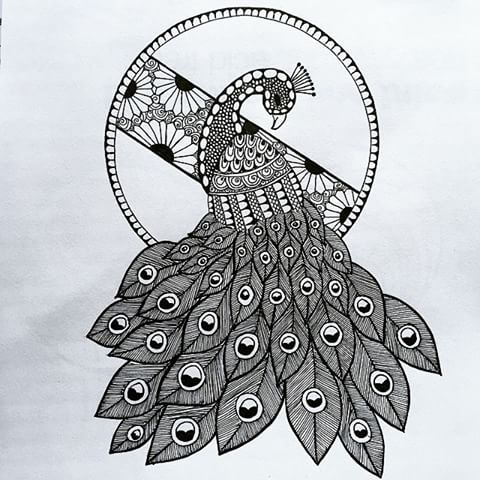Grey ornate peacock with floral circle background tattoo design