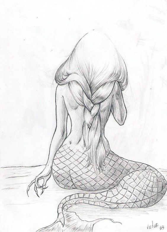 Grey pencilwork crying mermaid from back tattoo design