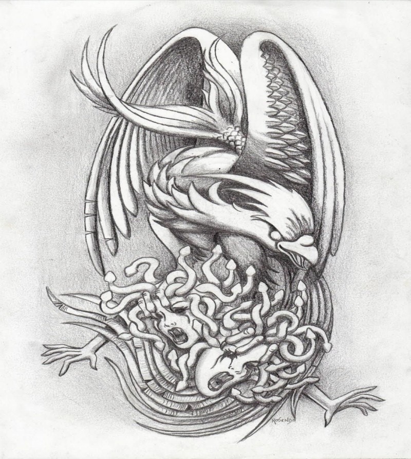 Grey pencilwork phoenix feeding two Medusa Gorgona heads tattoo design