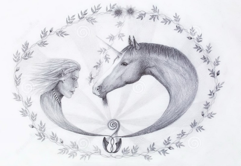 Grey pencilwork unicorn and fairy in leaf frame tattoo design