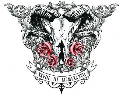 Grey ram skull with red roses and banner tattoo design