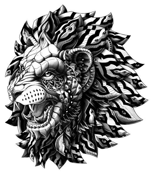 Grey rich decorated armoured roaring animal tattoo design
