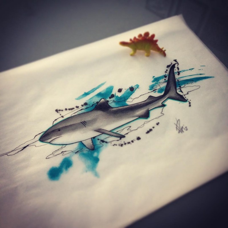 Grey shark on blue watercolor background tattoo design