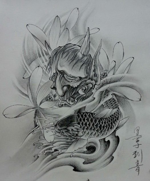 Grey sorowful devil head with big lotus flowers and koi fish tattoo design