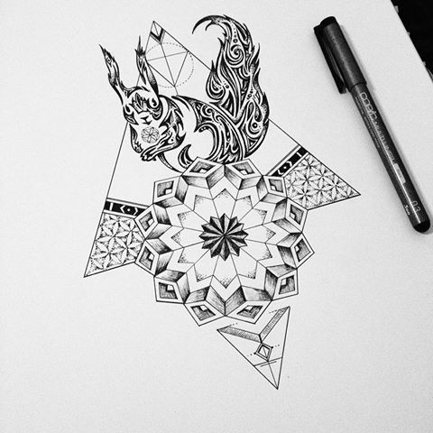 Grey tribal squirrel on gigant mandala and geometric drawings tattoo design