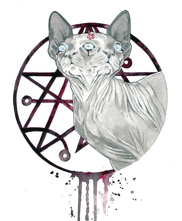 Grey twin-head sphynx cat with red demonic signs tattoo design