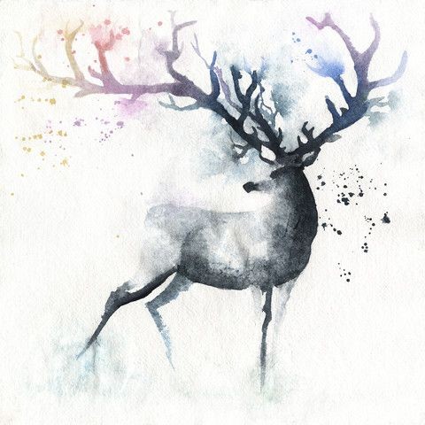 Grey watercolor deer with colorful horns tattoo design