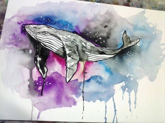 Grey watercolor whale on rainbow smudged background tattoo design