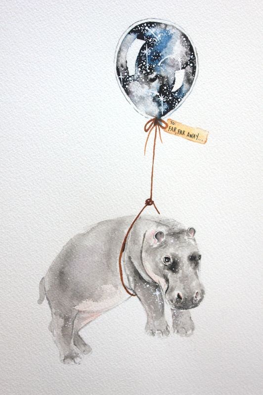 Grey waterrcolor hippo flying by space balloon tattoo design