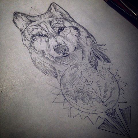 Grey wolf and a spotted moon planet tattoo design
