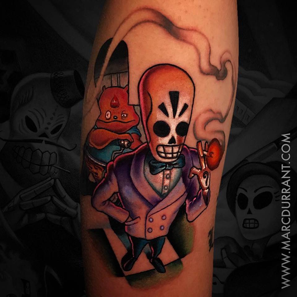 Grim Fandango cartoon style tattoo