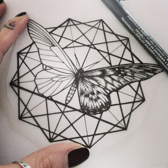 Half-clear butterfly sitting on polygon tattoo design by Hannah Snowdon