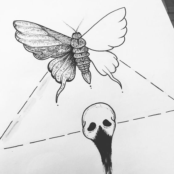 Half-dotted butterfly and scary skull connected with a triangle tattoo design