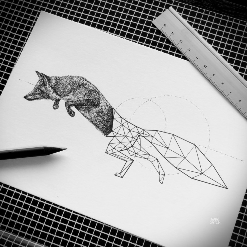 Half-dotwork half-geometric fox tattoo design