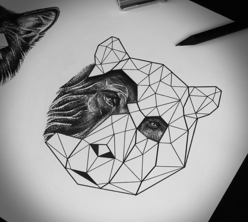 Half-geometric bear muzzle tattoo design