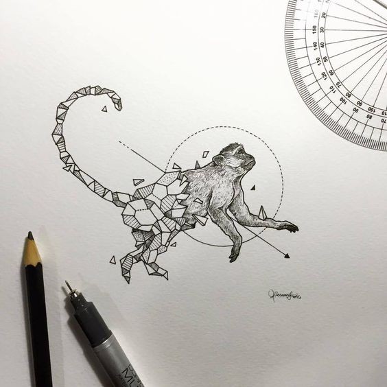 Half-geometric jumping monkey tattoo design