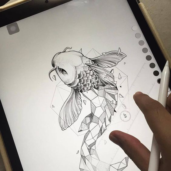 Half-geometric koi fish tattoo design