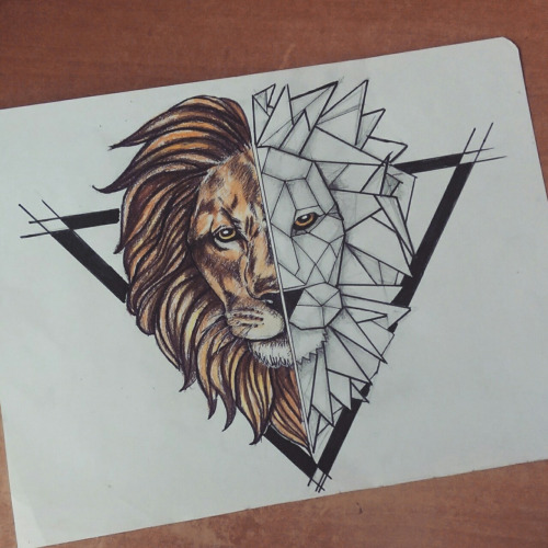 Half-geometric lion head in black triangle frame tattoo design