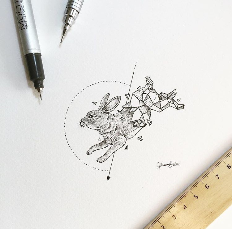Half-geometric running rabbit tattoo design