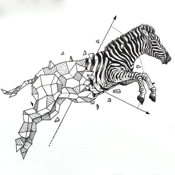 Half-geometric rushing zebra tattoo design