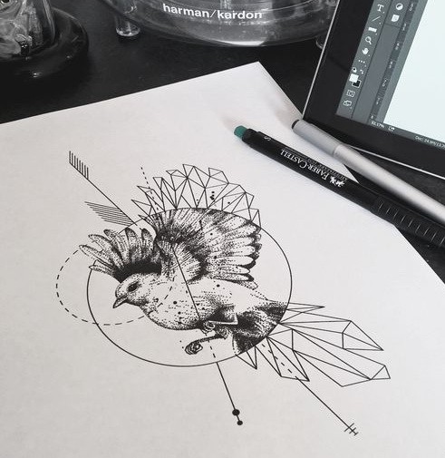 Half-geometric sparrow framed with circle tattoo design