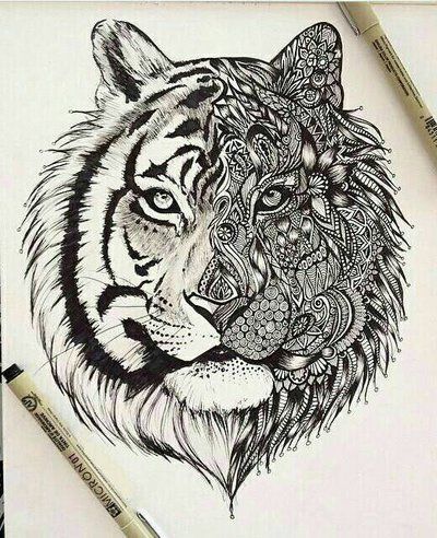 Half-ornamented tiger face tattoo design