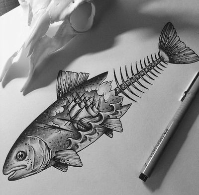 Half-skeleton fish with ship print tattoo design
